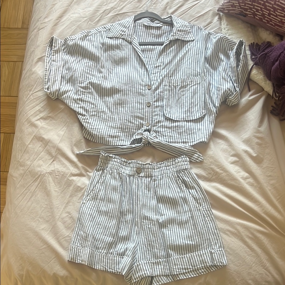 Striped Cotton Lounge Set - White and Navy Short Sleeve Top & Shorts